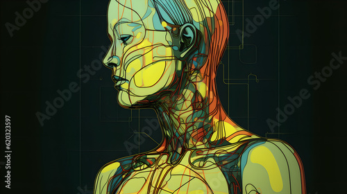 Femme Machina: An Elegant Realistic Robotic Woman Painted in Yellow, Red, Blue, and Green, Mirroring Human Anatomy and Serene Facial Expressions with an Underpinning of Technological Design photo
