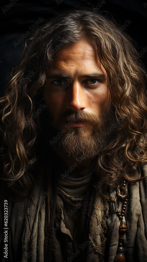 A man with long hair and a beard. Generative AI. Realistic portrait of a Christian saint. A man with long hair and a beard. Generative AI. Realistic portrait of a Christian saint.
