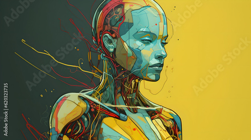 Femme Machina: An Elegant Realistic Robotic Woman Painted in Yellow, Red, Blue, and Green, Mirroring Human Anatomy and Serene Facial Expressions with an Underpinning of Technological Design photo