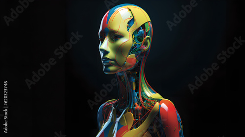 Femme Machina: An Elegant Realistic Robotic Woman Painted in Yellow, Red, Blue, and Green, Mirroring Human Anatomy and Serene Facial Expressions with an Underpinning of Technological Design photo