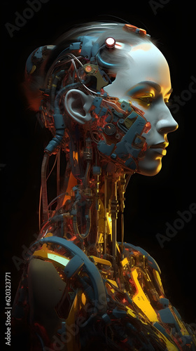 Femme Machina: An Elegant Realistic Robotic Woman Painted in Yellow, Red, Blue, and Green, Mirroring Human Anatomy and Serene Facial Expressions with an Underpinning of Technological Design photo