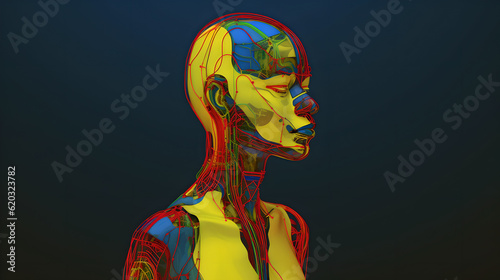 Femme Machina: An Elegant Realistic Robotic Woman Painted in Yellow, Red, Blue, and Green, Mirroring Human Anatomy and Serene Facial Expressions with an Underpinning of Technological Design photo