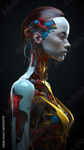 Femme Machina: An Elegant Realistic Robotic Woman Painted in Yellow, Red, Blue, and Green, Mirroring Human Anatomy and Serene Facial Expressions with an Underpinning of Technological Design photo