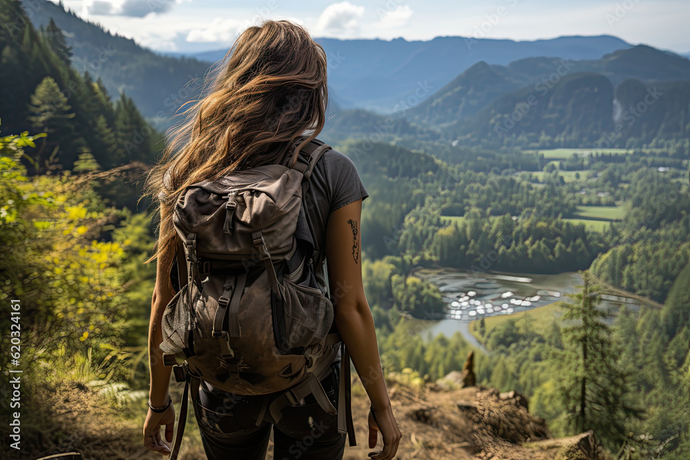 a woman with a view from the mountain overlooking a stream generative ai a woman with a view from the mountain overlooking a stream generative ai