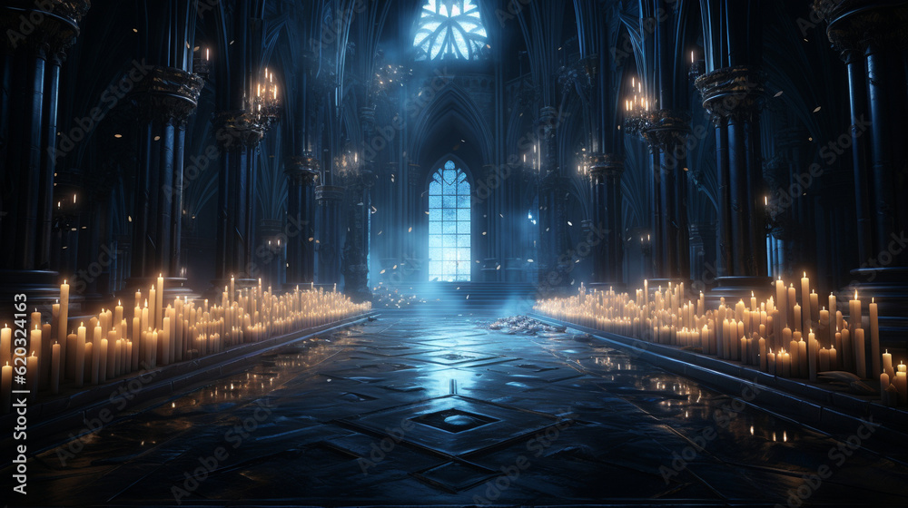 An ancient cathedral in the light of many candles. High quality illustration
