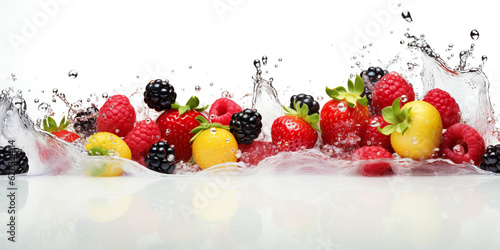A group of fruits are splashing into the water. Generative AI.