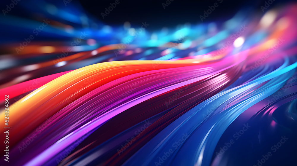 Abstract background with glowing pink,  blue, red, yellow, orange neon lines. Colored electric cables and led..