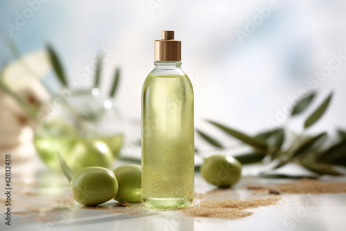 Glass bottle mock-up. Body treatment and spa. Natural beauty products. Blank bottle. Olive and olive branch