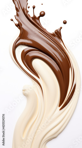 A chocolate and cream swirl on a white surface. Generative AI.