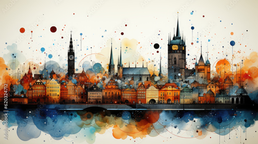 A watercolor painting of a city with a clock tower. Generative AI.