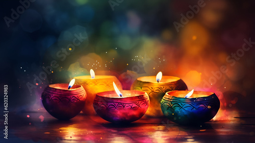 Happy Diwali. Watercolor multicolor oil lamp with place for Diwali greetings over colorful background with gold bokeh lights and sparks. copy space. Ai generative.