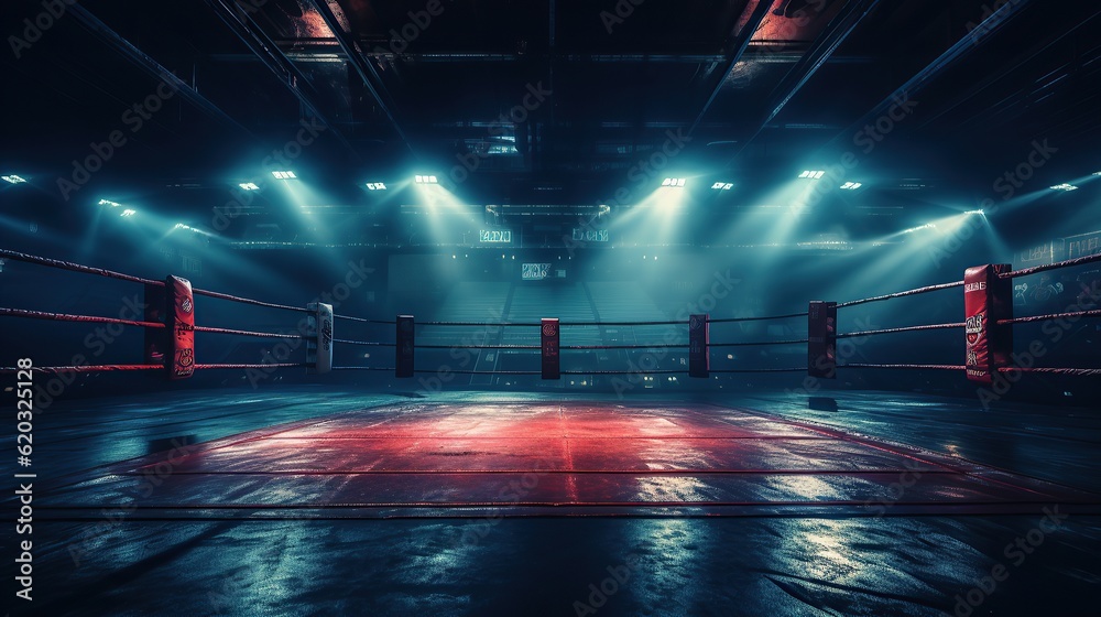 Background of boxing ring, illuminated sports area for fighting, dangerous sport AI, Generative AI, Gene - obrazy, fototapety, plakaty 