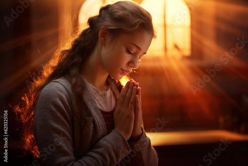 Young Teenage Girl Praying While Sun is Shining