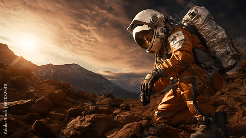 Edge of the Unknown: A Determined Scientific Explorer in a Spacesuit Probes a Mysterious Crater during the Golden Hour, Illuminated by Warm, Dramatic Shadows photo