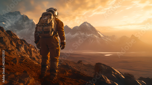 Edge of the Unknown: A Determined Scientific Explorer in a Spacesuit Probes a Mysterious Crater during the Golden Hour, Illuminated by Warm, Dramatic Shadows photo