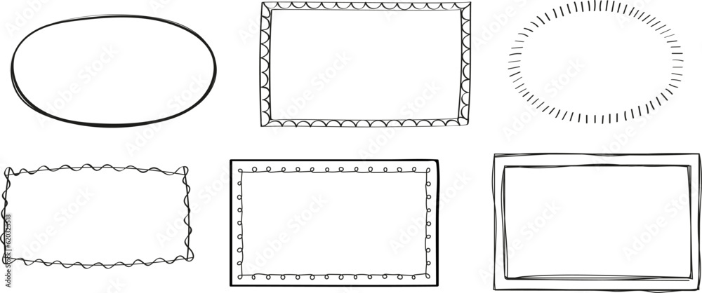 Fototapeta premium Outlines,vintage photo border. Mirror frames in doodle style. Blank black square rectangle label elegant sketch.