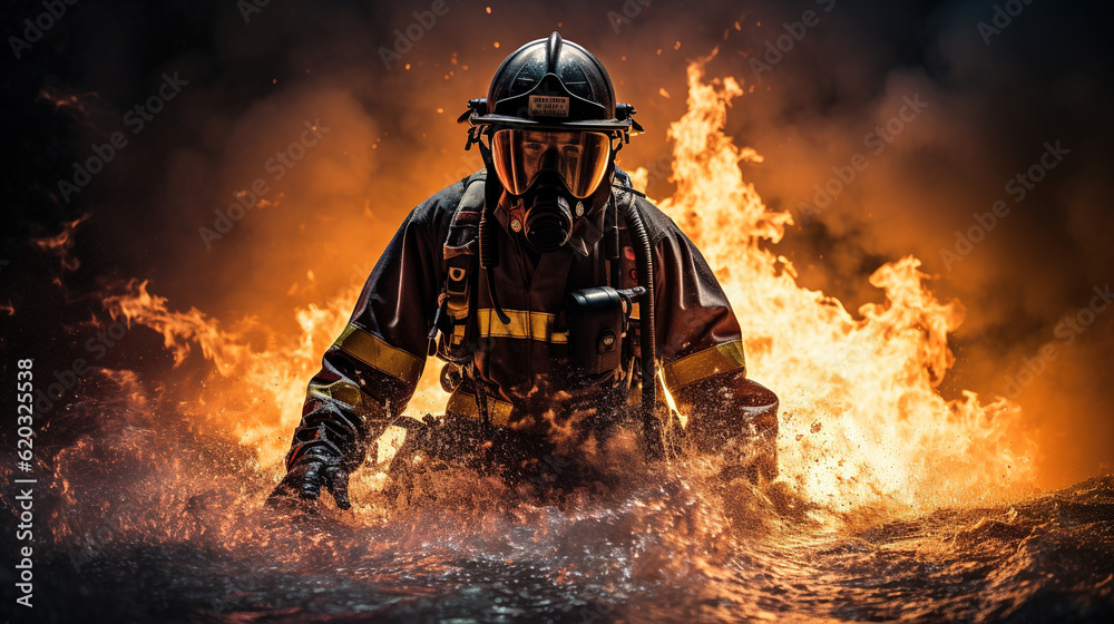 Fototapeta premium fireman in action, created with Generative AI