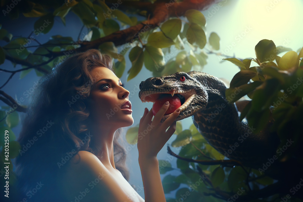 Eve Talking to Snake in the Garden of Eden at the Tree of the Knowledge of Good and Evil - obrazy, fototapety, plakaty 