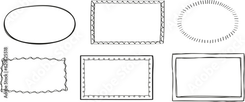 Outlines,vintage photo border. Mirror frames in doodle style. Blank black square rectangle label elegant sketch.