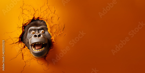 Ape with shocked surprised expression peeking through hole in cracked wall hole. Wide banner with copy space on side. Generative AI