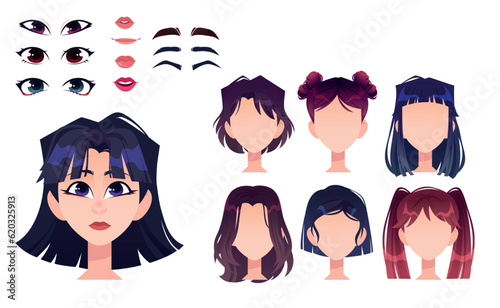 Girl for animation set. Asian woman face part, different hairstyles, eyebrows, eyes and emotions. Female character constructor for avtar creation. Cartoon flat vector isolated on white background