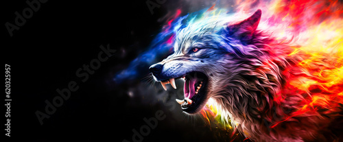 Aggressive Wolf Emerges from Colorful Smoke, Teeth Bared, Against a Mysterious Black Background.
