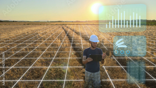 Agritech food production engineer analyzing wheat at a farmland field - 3D render photo