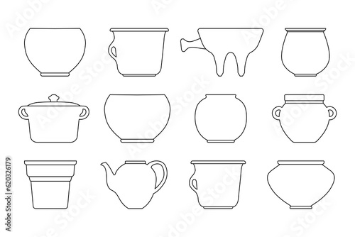 Vector pot and jug icon set. Vector illustration in line art style. Crockery for liquid of various shape. Editable stroke. Clay product made on potters wheel