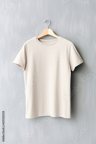 Plain cream color t-shirt mockup on neutral background. Plain crowneck tshirt for your design, front view. Generative AI.