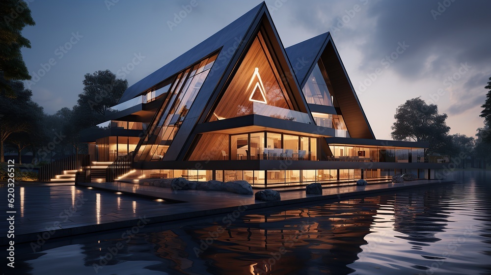 Contemporary triangle shape design modern architecture building exterior AI, Generative AI, Generative