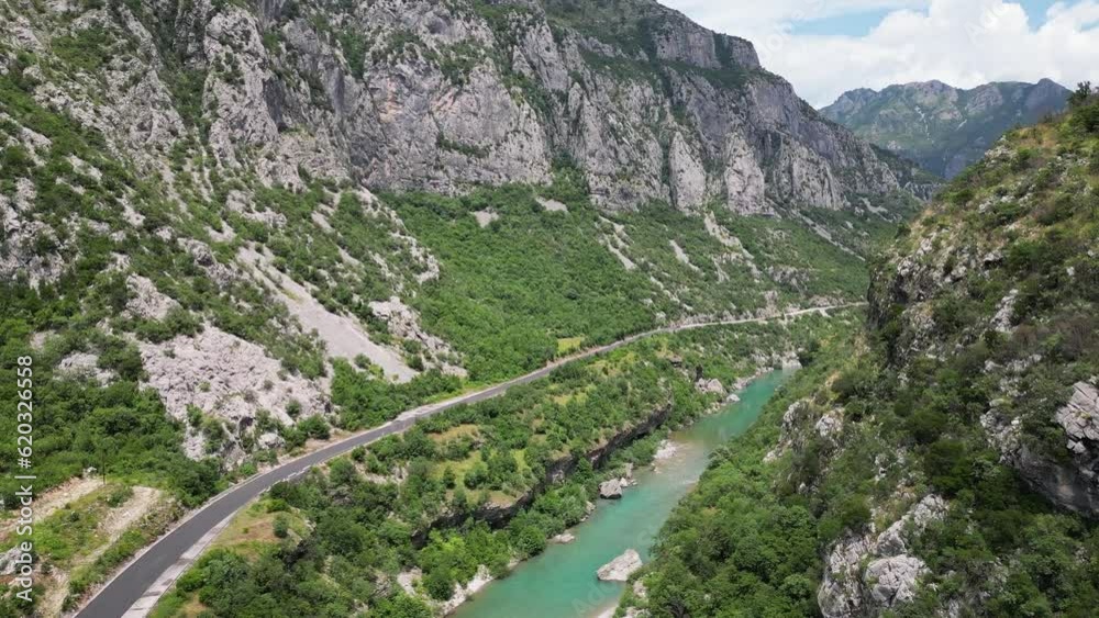 Beautiful rocky canyon with a turquoise river. Aerial view. Moraca river canyon. Montenegro. Beautiful rocky canyon with a turquoise river. Aerial view. Moraca river canyon. Montenegro.