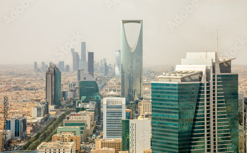 Aerial panorama of downtown of Riyadh city with skyscrapers of Al Olaya central business district, Al Riyadh, Saudi Arabia
