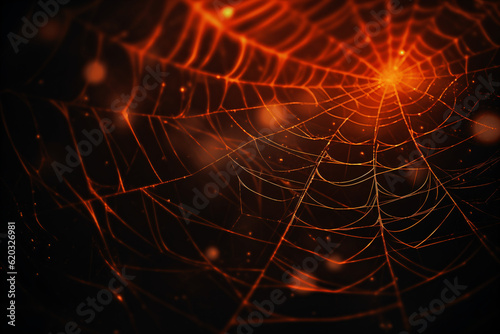 Spider cobweb in detailed and close-up, against a dark background.