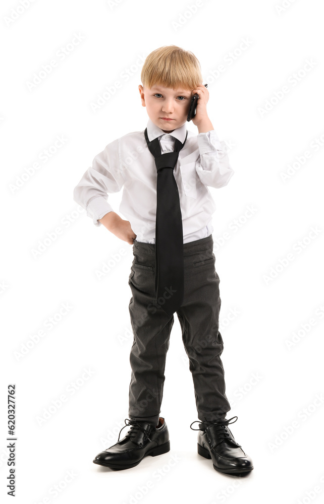 Funny little businessman talking by mobile phone on white background Funny little businessman talking by mobile phone on white background