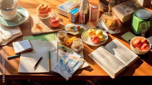 desk of a student who does his meals and homework at the same time  disorganized  school work