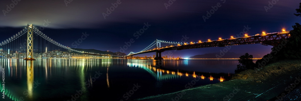 Fototapeta premium view on New Your city at night panoramic cityscape , blurred neon light reflection,sea water , starry sky and moon ,template ,banner,