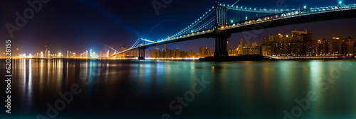  view on New Your city at night panoramic cityscape , blurred neon light reflection,sea water , starry sky and moon ,template ,banner,