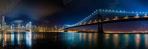  view on New Your city at night panoramic cityscape , blurred neon light reflection,sea water , starry sky and moon ,template ,banner,