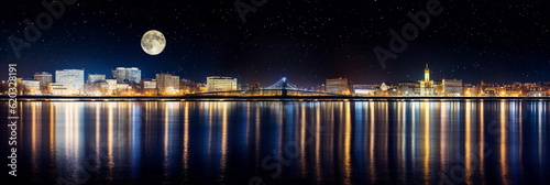  view on New Your city at night panoramic cityscape , blurred neon light reflection,sea water , starry sky and moon ,template ,banner,