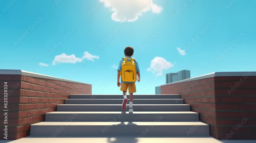 boy back to school, walking to school by stairs, yellow school colors, with his backpack and uniform