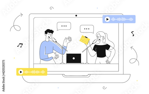 People with podcasts line concept