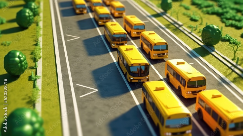 multiple school buses on their way to the city to pick up all the students at their homes, first day of school back to school multiple school buses on their way to the city to pick up all the students at their homes, first day of school back to school