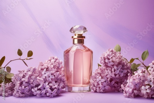 Glass perfume bottle with lilac flowers on a lilac background. AI generated