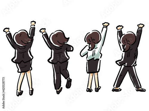 ガッツポーズで喜ぶ後ろ姿OLの手描きタッチのイラストセット　全身