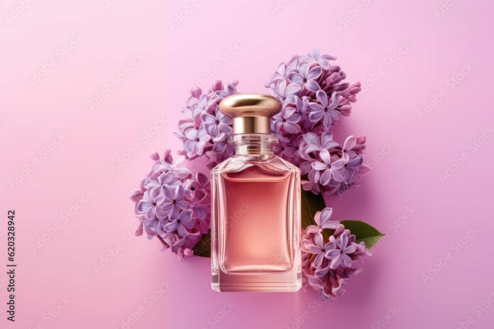 Glass perfume bottle with lilac flowers on a lilac background. AI generated