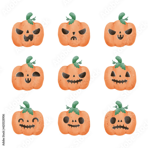 set of group jack o lantern pumpkin watercolor Happy Halloween holiday. Orange pumpkin with smile for your design for trick or Treating symbol of the isolated on white background Vector illustration