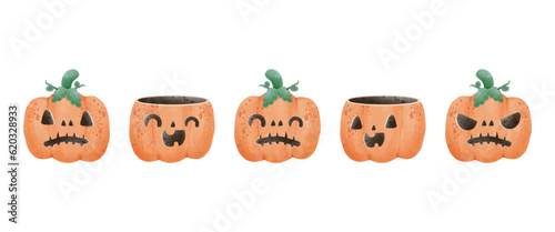 set of group jack o lantern pumpkin watercolor Happy Halloween holiday. Orange pumpkin with smile for your design for trick or Treating symbol of the isolated on white background Vector illustration