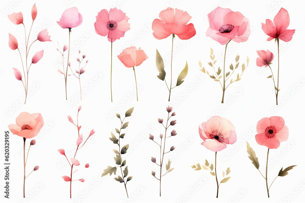 Arrangement of spring pink flowers against a white background. Blooming concept. Flat lay
