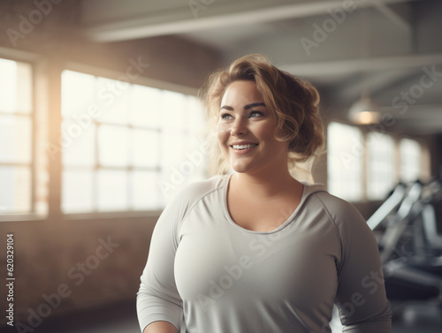 Smiling plus size young woman in gym. photo