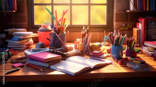 desk of a student doing homework, with pencils, colors and art supplies